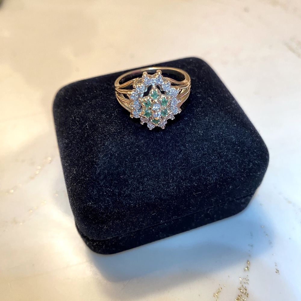 Diamond and Emerald Diamond Ring - 10k Yellow Gold